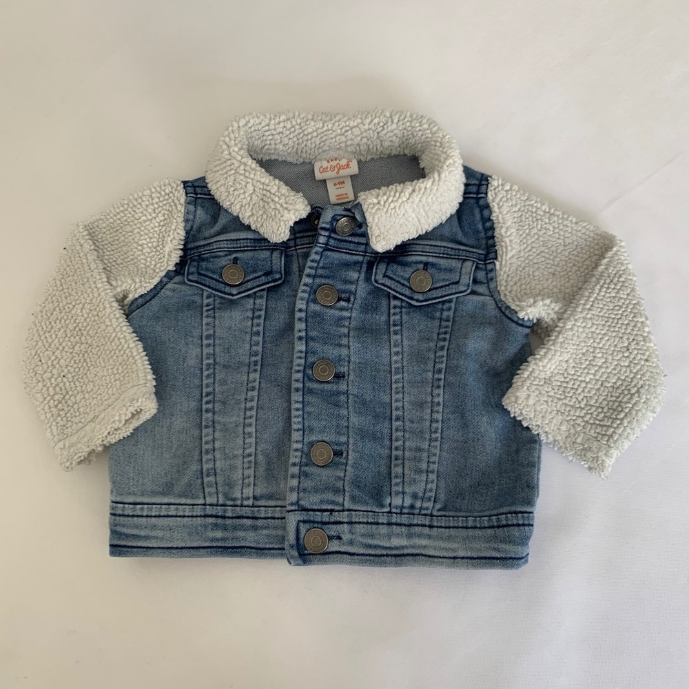 Cat & Jack‎ Denim Jacket Baby 6-9M Blue Sherpa Fleece Snap Trucker Cozy Fall